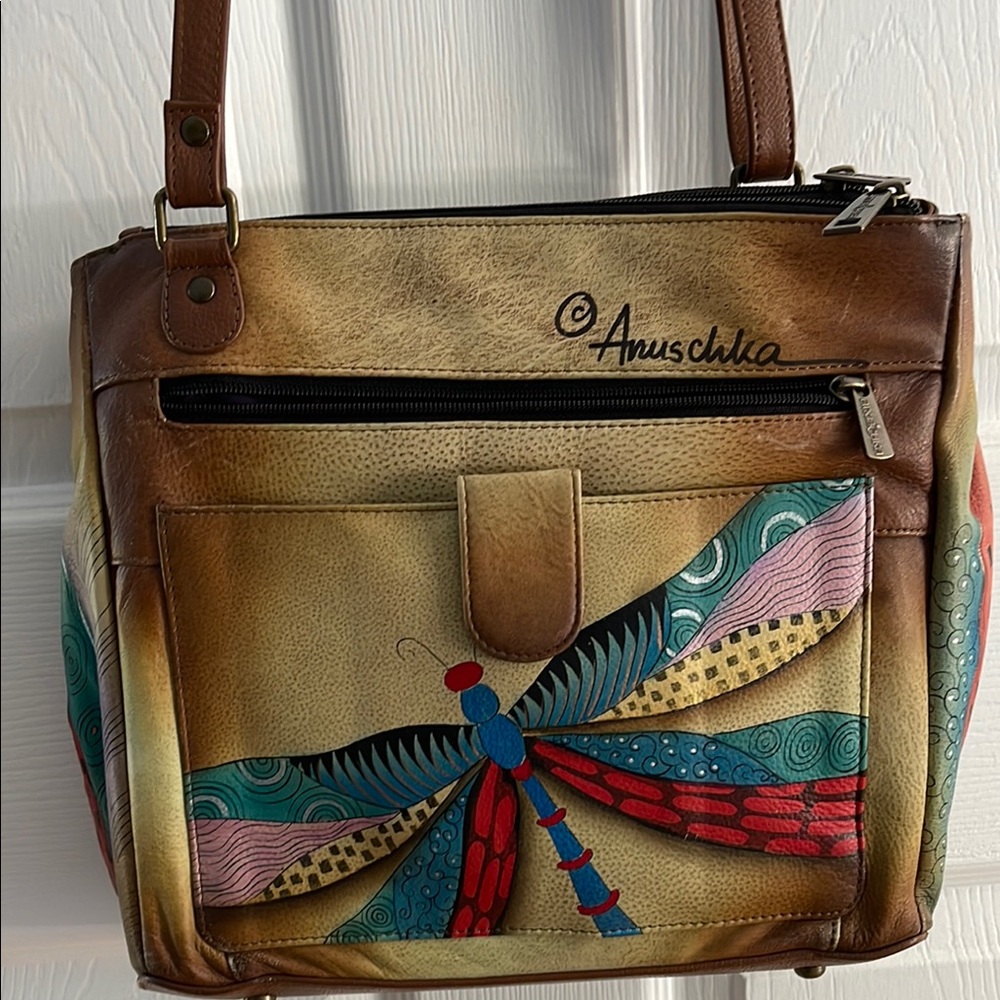 Anuschka Brown and Multicolor Dragonfly Handbag